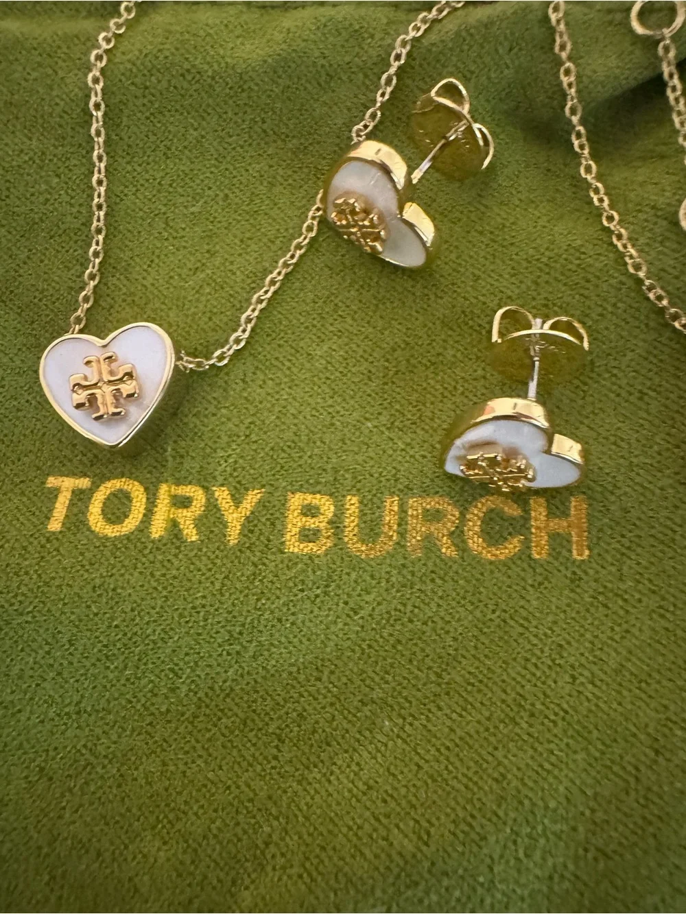 Tory Burch Gold and White Heart Logo Necklace with Matching Studs